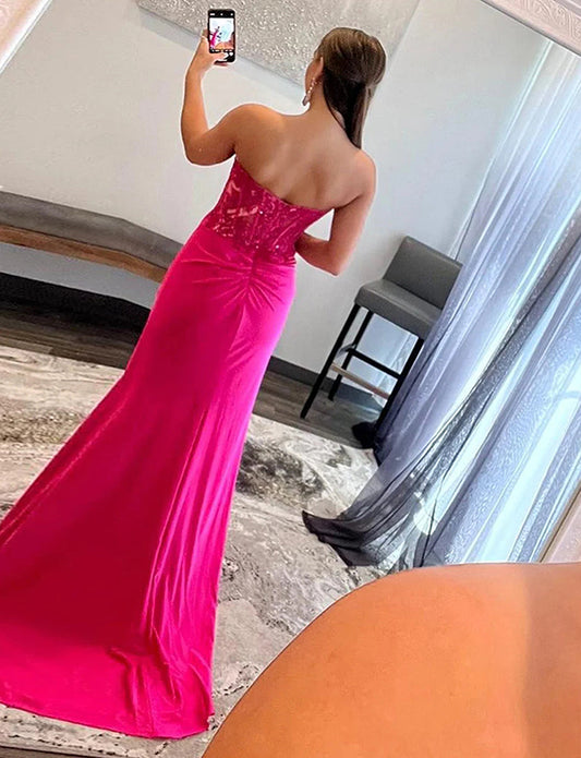 Robe longue de bal de fin d'année à corset rose vif et fendue