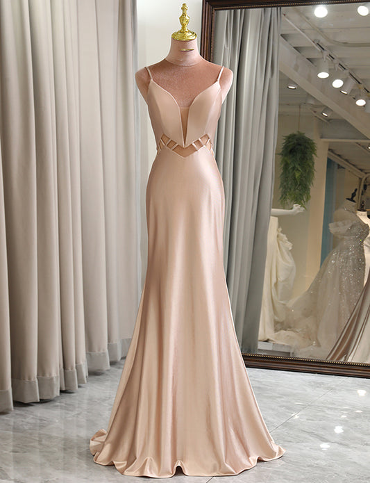 Robe de bal de fin d'année simple en satin champagne à bretelles spaghetti et longue sirène