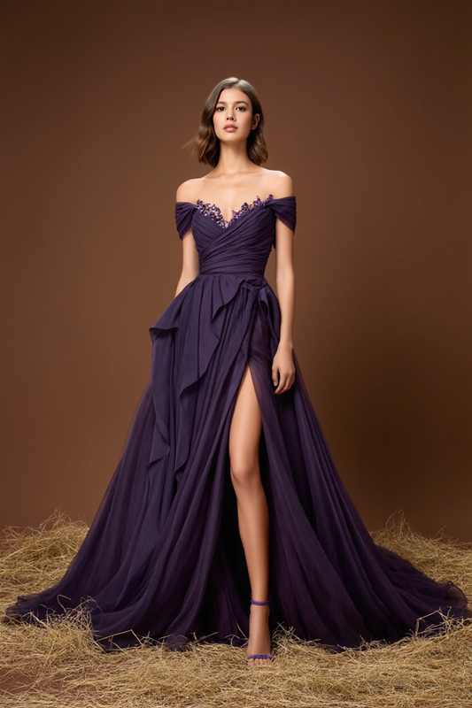 Élégante robe de bal longue à épaules dénudées violette avec fente