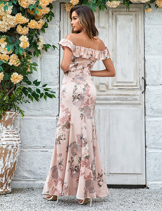 Robe de mariée longue et fendue avec fleurs imprimées Shoudler