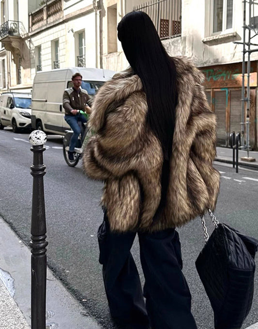 Manteau long d'hiver en fourrure pour femme, ample, chaud et moelleux, gris et marron