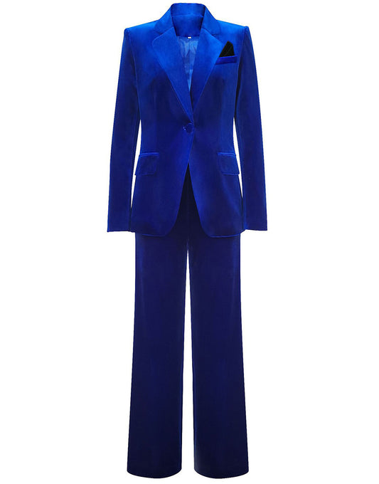 Costume de femme en velours bleu royal avec revers échancré et une seule bouton
