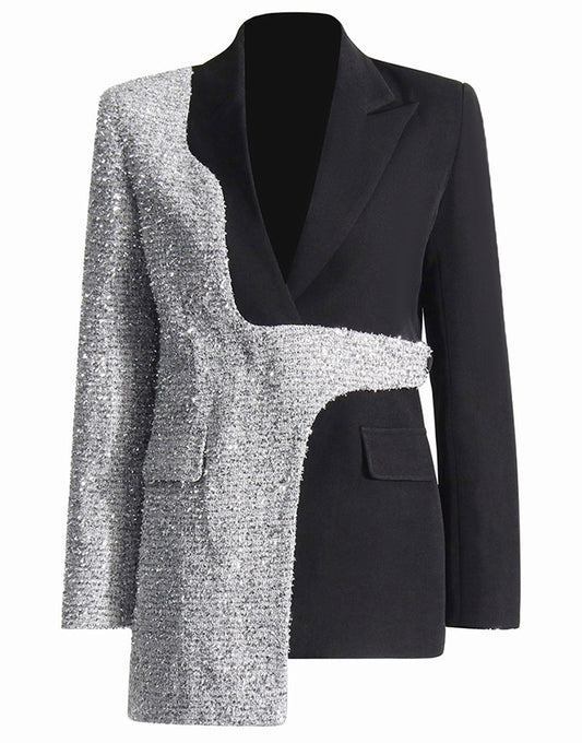 Veste femme slim fit à revers pointus, en argent et noir, de mode
