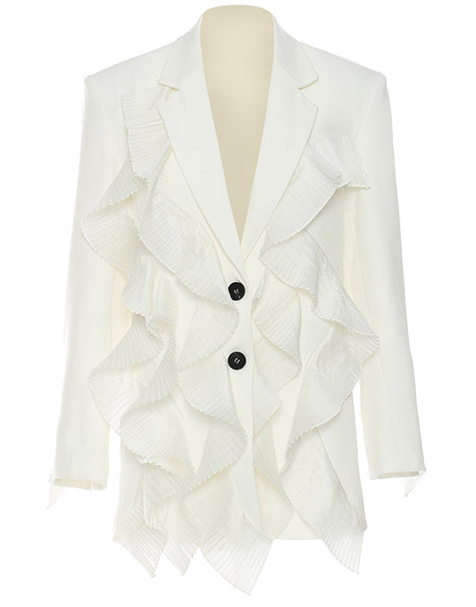 Veste féminine à une rangée de boutons, avec revers en dentelle blanche, jabot et revers échancrés