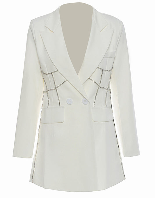 Blazer féminin ajusté moulant, avec revers pointus blancs, double boucle et décorations en cristaux