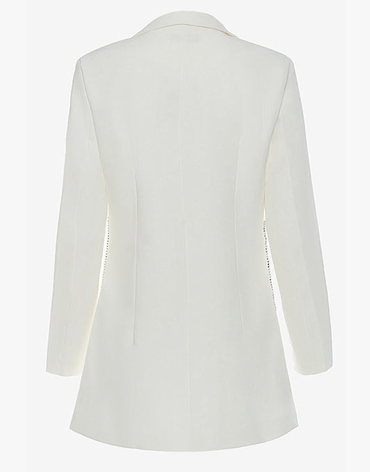 Blazer féminin ajusté moulant, avec revers pointus blancs, double boucle et décorations en cristaux