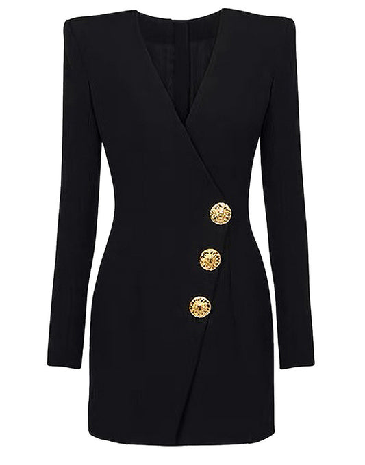 Veste féminine noire en V, à un rang de boutons devant et fermeture éclair sur le dos