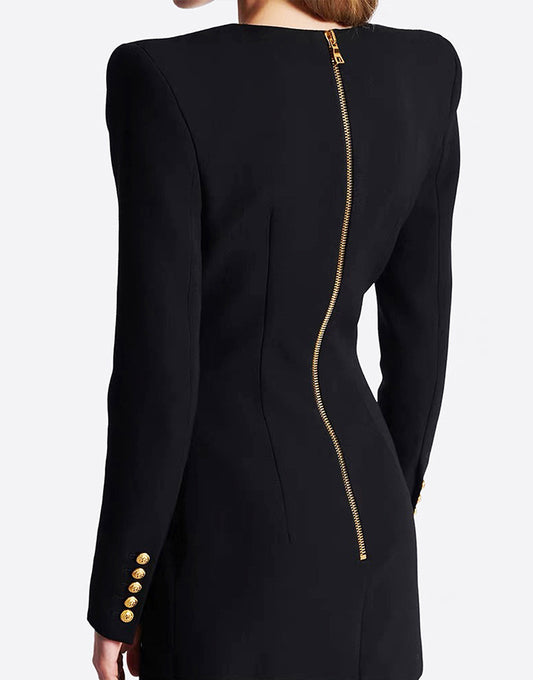 Veste féminine noire en V, à un rang de boutons devant et fermeture éclair sur le dos