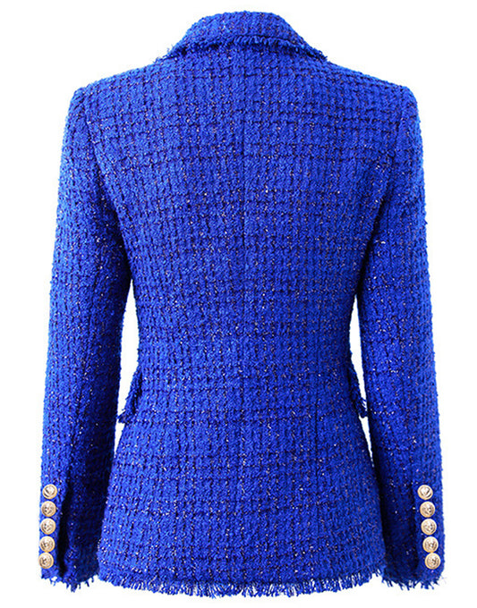 Veste pour femmes double-breasted avec revers en pointillé bleu royal et glands