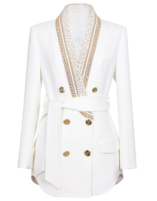 Blazer féminin à revers en cachemire blanc, double-breasted, avec perles et ceinture