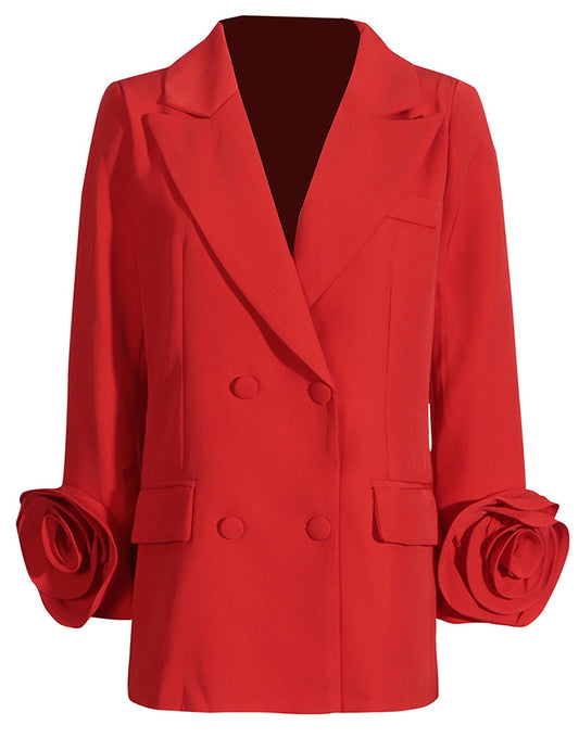 Veste féminine à revers pointus rouges, double boutonnée, avec manches fleuries