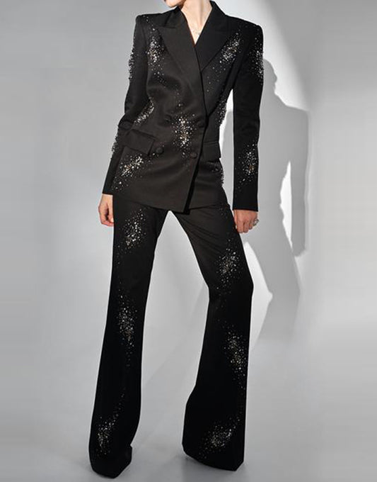 Costume féminin 2 pièces slim fit à revers pointus noir scintillant et double boutonnage