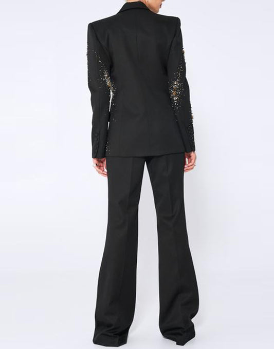 Costume féminin 2 pièces slim fit à revers pointus noir scintillant et double boutonnage