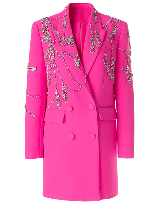 Manteau double-breasted pour femmes avec revers en pointe fuchsia et décor de cristaux