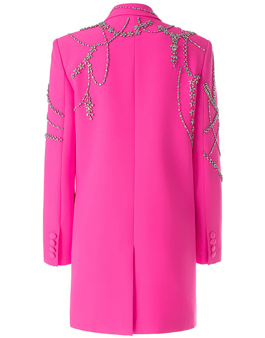 Manteau double-breasted pour femmes avec revers en pointe fuchsia et décor de cristaux