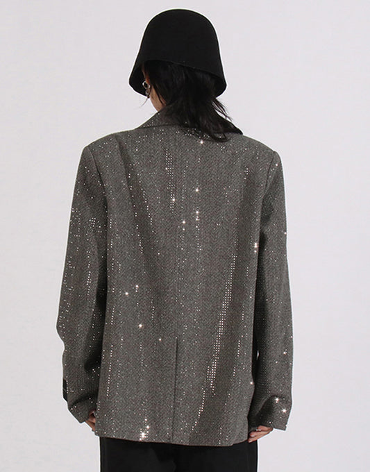Veste de femme en sequins gris pailleté à revers en pointe de mode