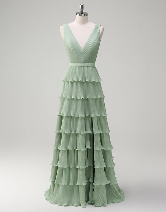 Robe de bal en mousseline de soie à volants en cascade et col en V Dusty Sage