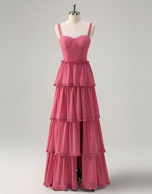 Rusty Rose Robe longue de bal en ligne A avec dos en lacet spaghetti, fente et coupe A-line