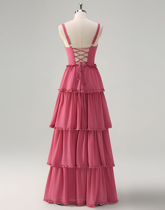 Rusty Rose Robe longue de bal en ligne A avec dos en lacet spaghetti, fente et coupe A-line