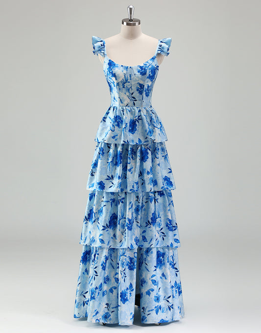Robe de bal bleue en ligne A, avec un décolleté en poche et des volants en cascade