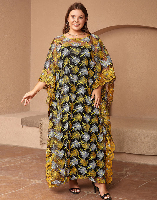 Robe Longue Élégante à Col Rond avec Manches Chauve-Souris et Détail en Dentelle