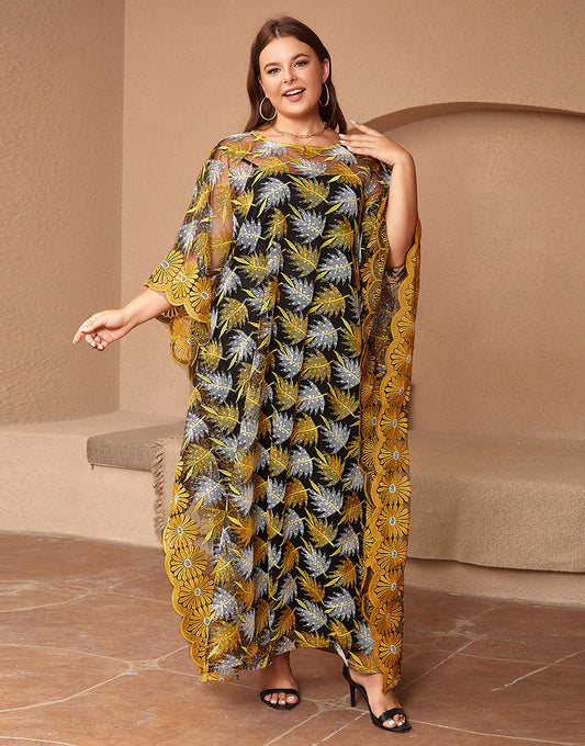 Robe Longue Élégante à Col Rond avec Manches Chauve-Souris et Détail en Dentelle