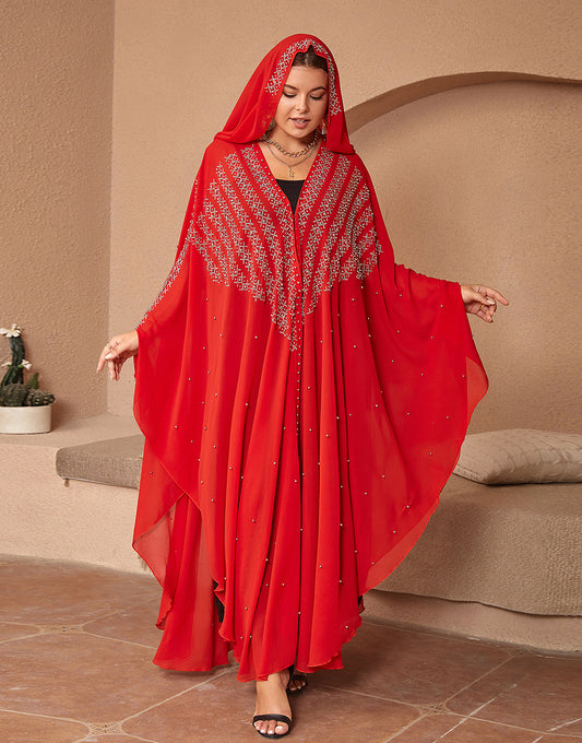 Robe Longue en Chiffon avec Manches Chauve-Souris et Capuche