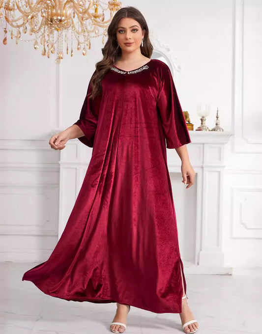 Robe Longue Décontractée en Velours Coréen avec Manches 3/4 et Col Rond