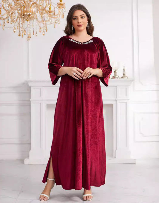 Robe Longue Décontractée en Velours Coréen avec Manches 3/4 et Col Rond