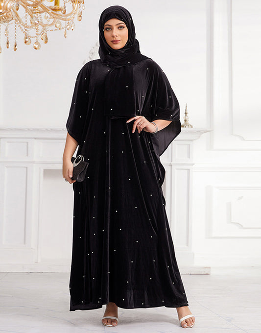 Robe Longue en Velours avec Manches Chauve-Souris 3/4 et Coupe Ample