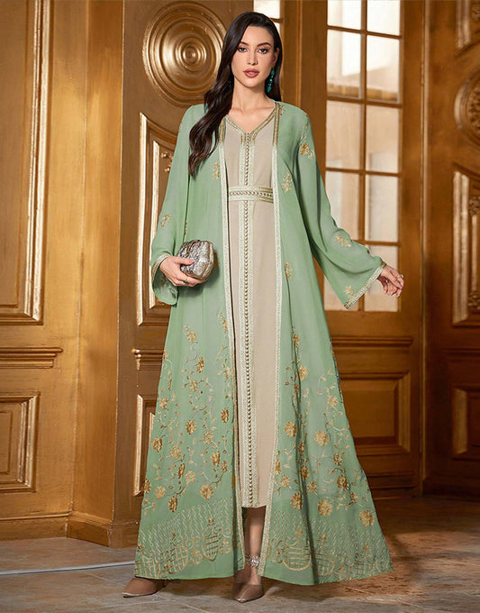 Robe Longue Élégante en Chiffon avec Col V et Ceinture Dorée