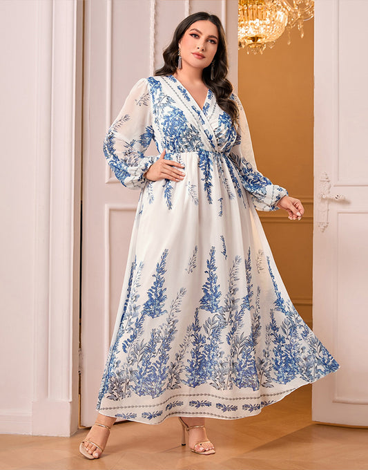 Robe Longue en Chiffon à Col V avec Imprimé Floral et Manches Ballon