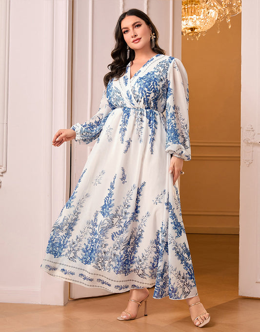 Robe Longue en Chiffon à Col V avec Imprimé Floral et Manches Ballon