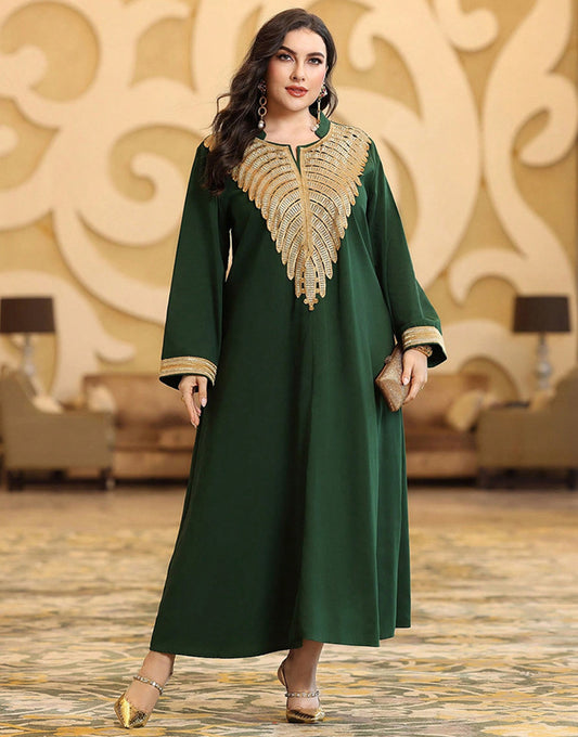 Robe Longue Vintage à Col V Découpé avec Galon Tissé et Appliqué