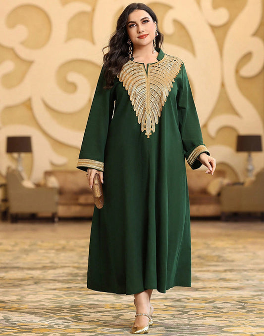 Robe Longue Vintage à Col V Découpé avec Galon Tissé et Appliqué