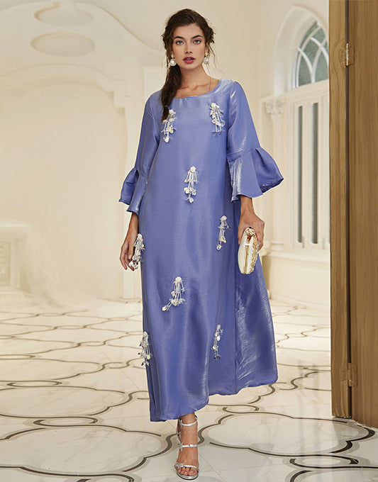 Robe A-Line Vintage en Satin avec Col Rond Manches Longues à Volants