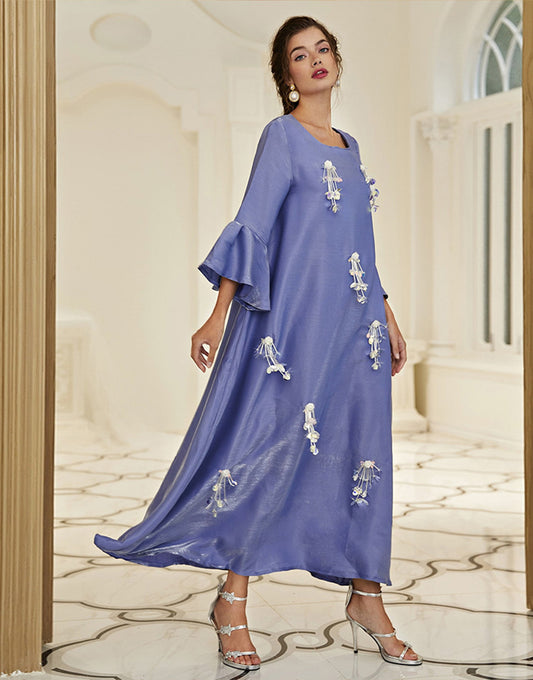 Robe A-Line Vintage en Satin avec Col Rond Manches Longues à Volants