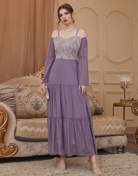 Robe Longue A-Line en Dentelle avec Épaules Dénudées et Manches Longues Évasées