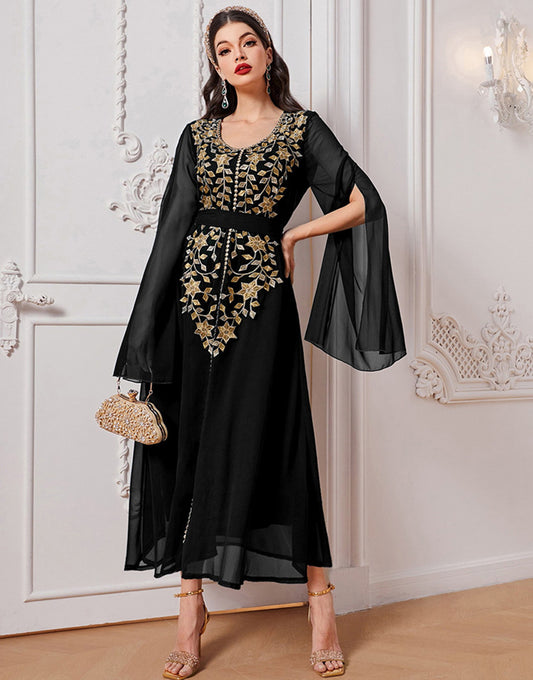 Robe A-Line Élégante en Tissu Tissé avec Appliqué Floral