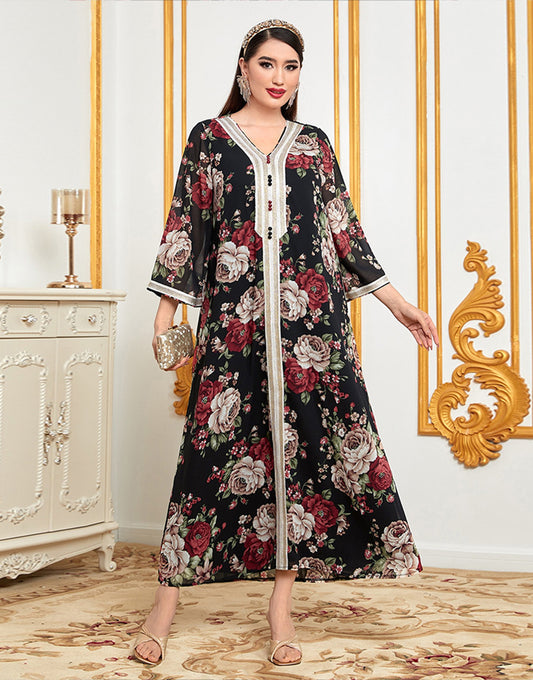 Robe A-Line Élégante en Chiffon avec Col V Imprimé Floral et Manches Extra Longues
