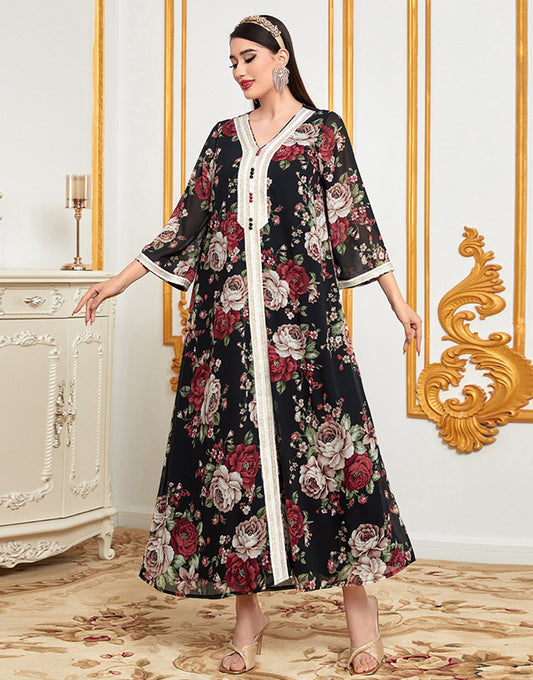 Robe A-Line Élégante en Chiffon avec Col V Imprimé Floral et Manches Extra Longues