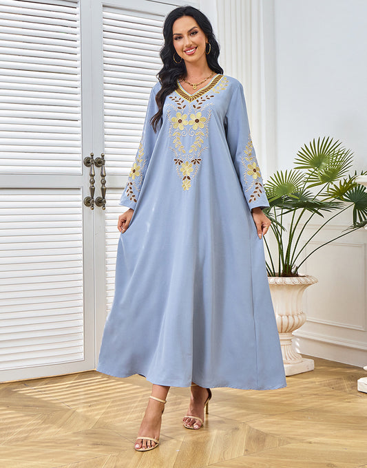 Robe Longue A-Line Élégante avec Col V Manches Longues et Broderie au Crochet