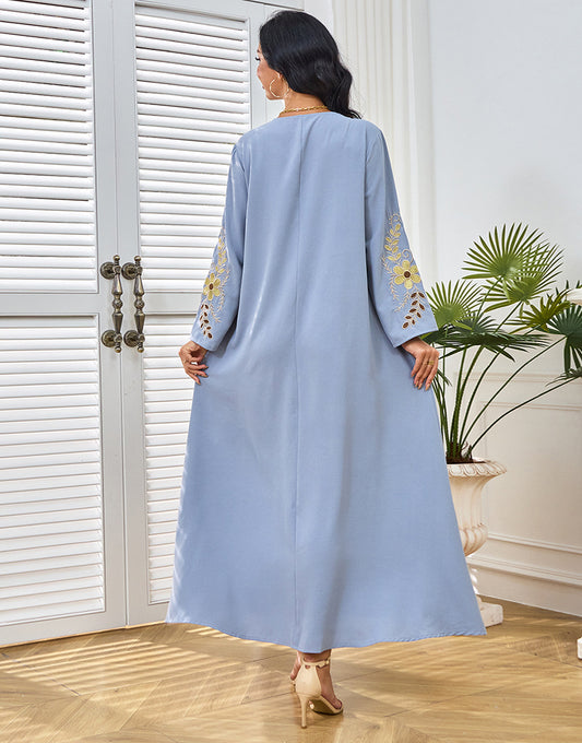 Robe Longue A-Line Élégante avec Col V Manches Longues et Broderie au Crochet