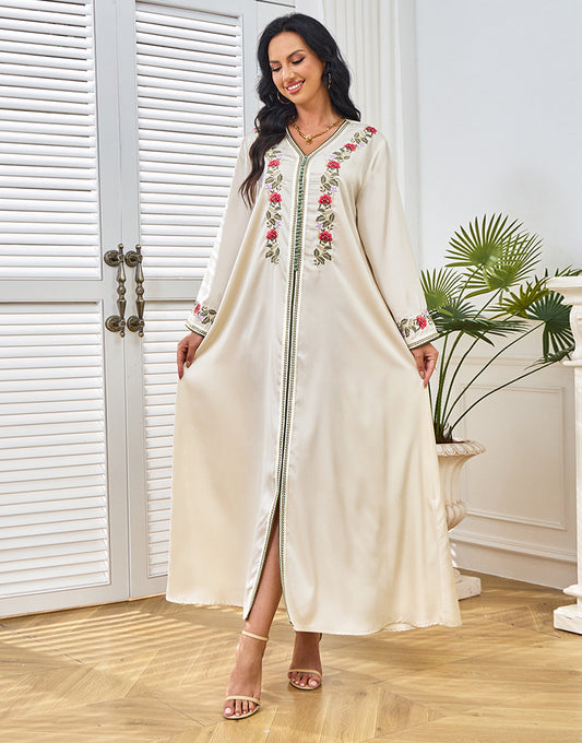 Robe A-Line Élégante en Coloris Abricot avec Col V