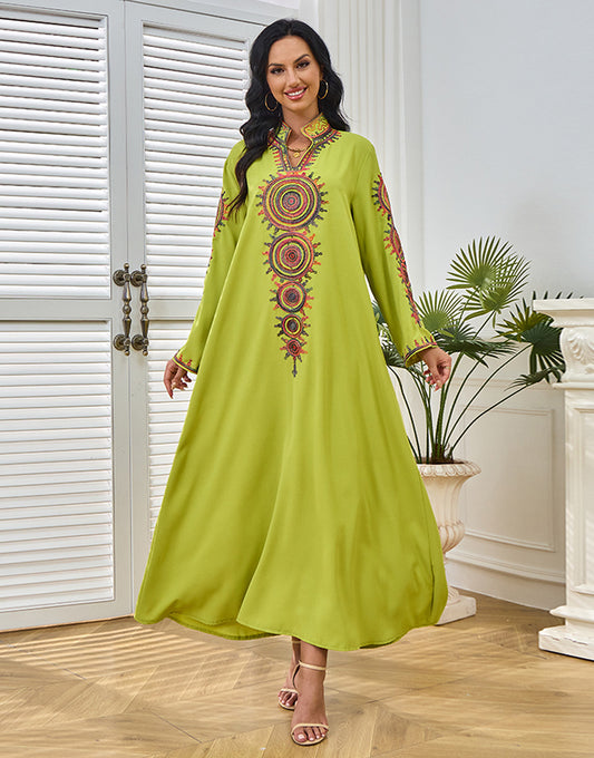 Robe Longue Élégante avec Col V, Manches Longues et Broderie Motif Abstrait