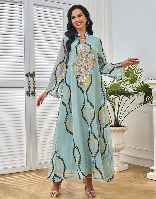 Robe Longue Élégante en Tulle avec Col V Manches Longues et Appliqué Floral