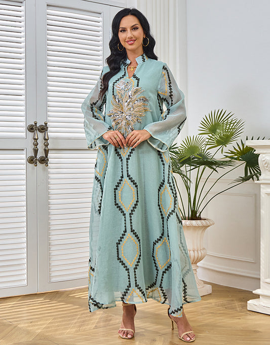 Robe Longue Élégante en Tulle avec Col V Manches Longues et Appliqué Floral