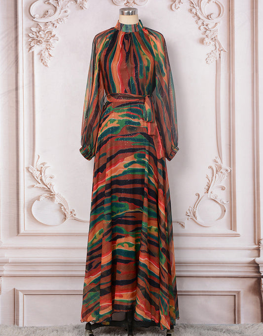 Robe Longue à Motif Floral avec Col Rond Manches Longues et Élastiques