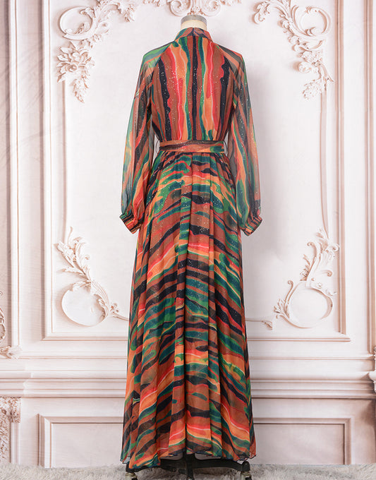 Robe Longue à Motif Floral avec Col Rond Manches Longues et Élastiques