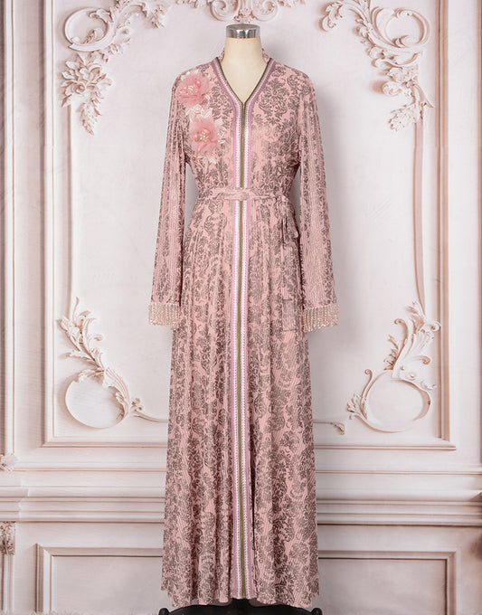 Robe Longue Élégante avec Manches Évasées Broderie Florale et Appliqués en Or